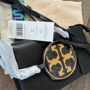 Tory Burch Black and Gold Miller Phone Crossbody Bag